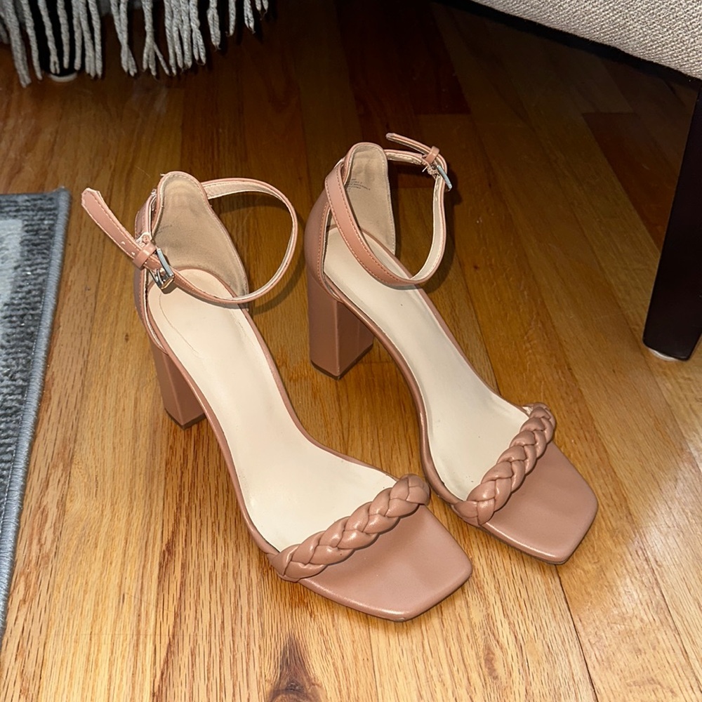 Nine West Nude Ankle Strap Block Heels